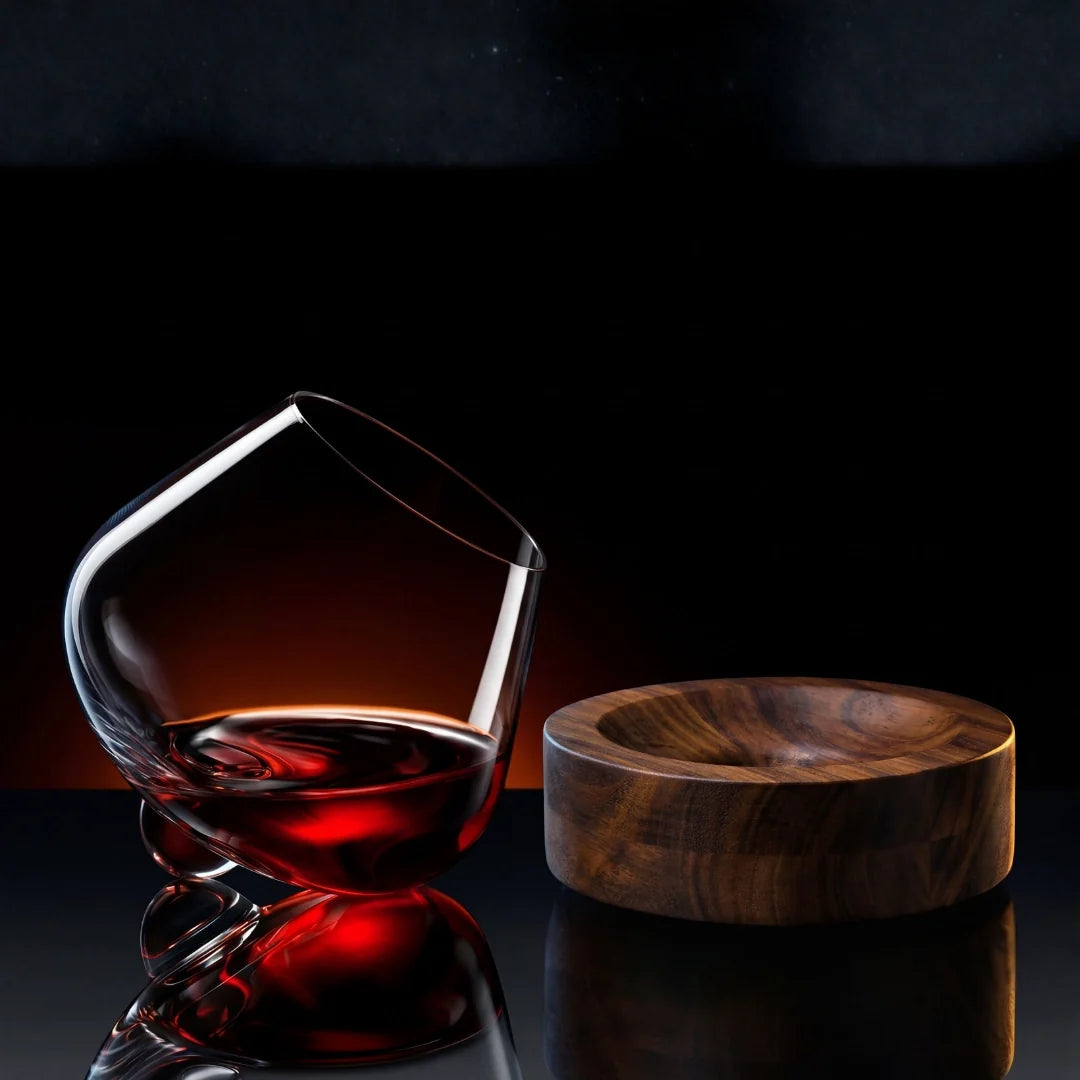 Kami Rotating Crystal Wine Glass & Wooden Coaster