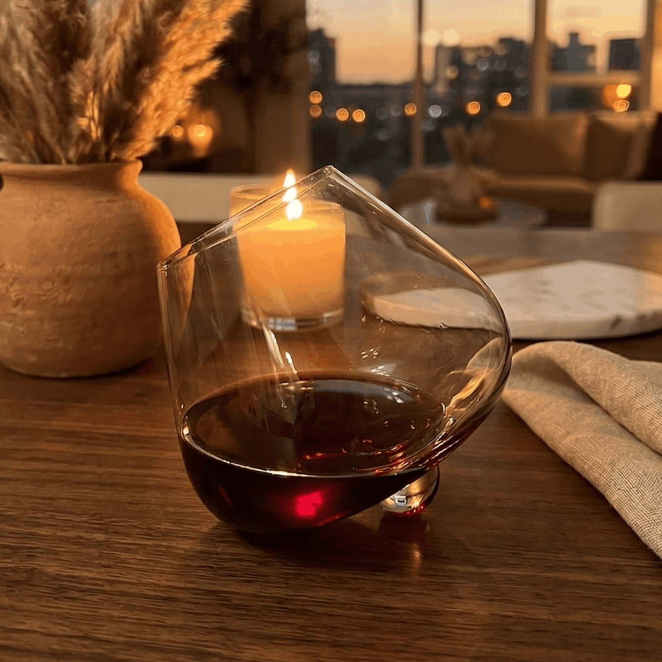 Kami Rotating Crystal Wine Glass & Wooden Coaster