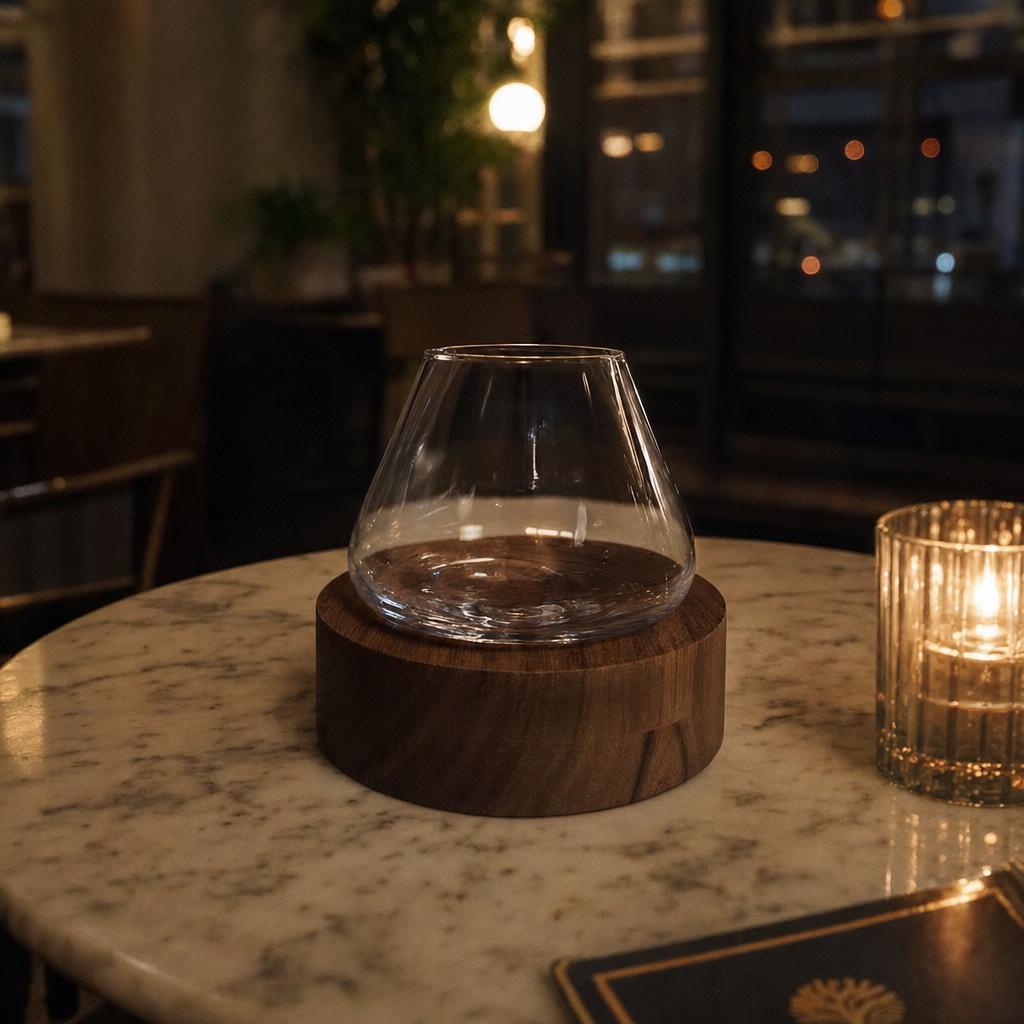 Kami Rotating Crystal Wine Glass & Wooden Coaster