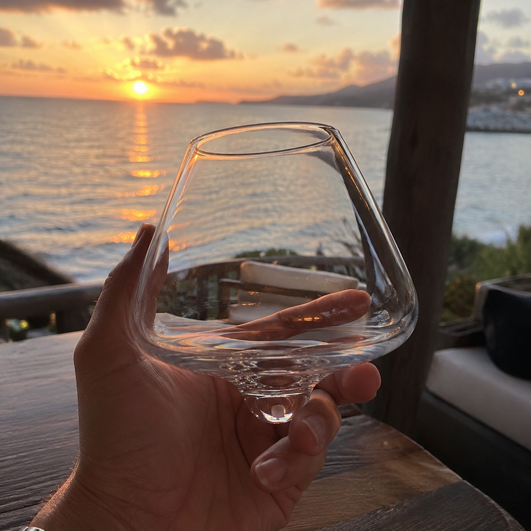 Kami Rotating Crystal Wine Glass & Wooden Coaster